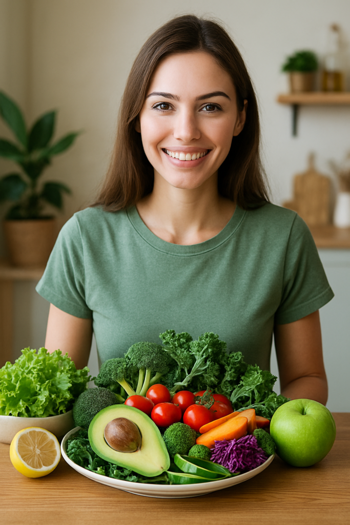 Junge Frau mit frischem basischem Gemüse wie Brokkoli, Avocado, Tomaten und Salat – Symbolbild für natürliche Entgiftung durch basische Ernährung