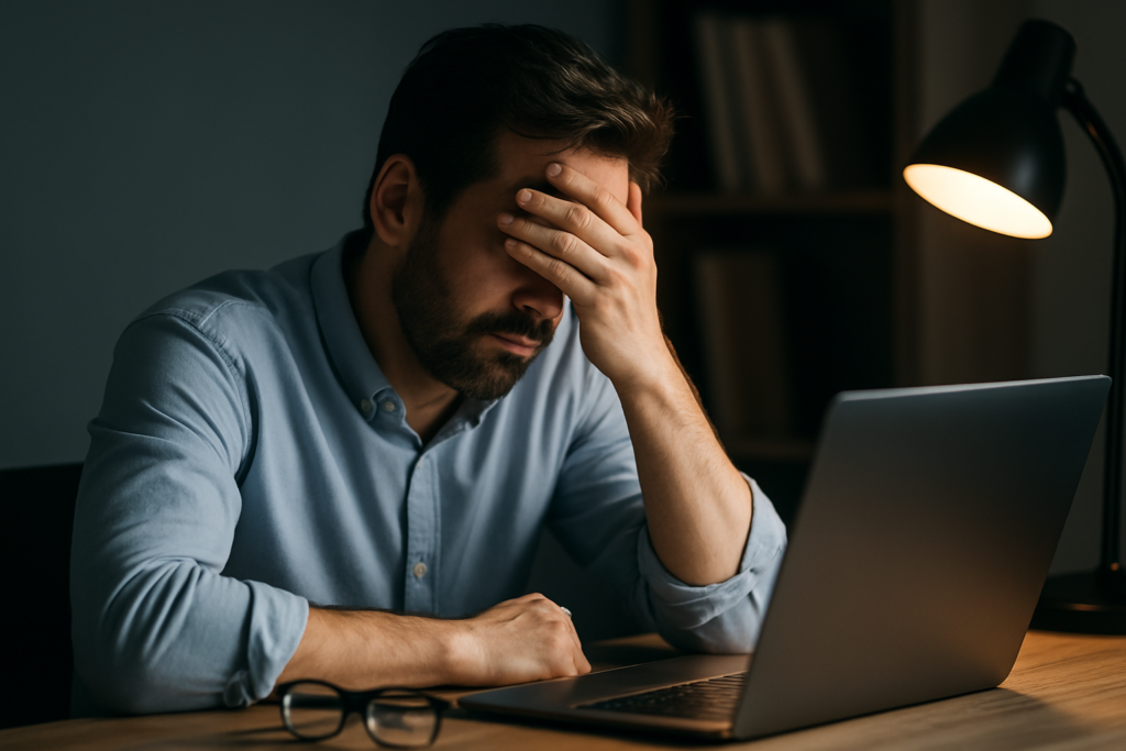 Mann sitzt vor einem Laptop und sieht sehr fertig aus. Er hat seine Hand in seinem Gesicht um sich den Streß abzuwischen