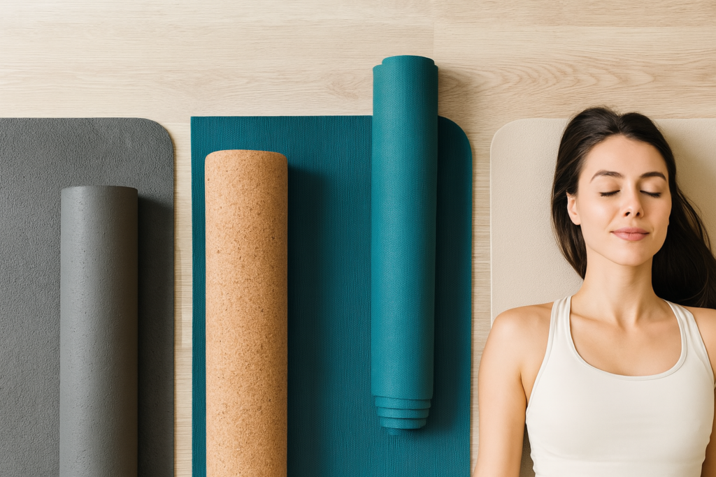 Junge Frau liegt auf dem Boden mit verschiedenen Yoga Matten