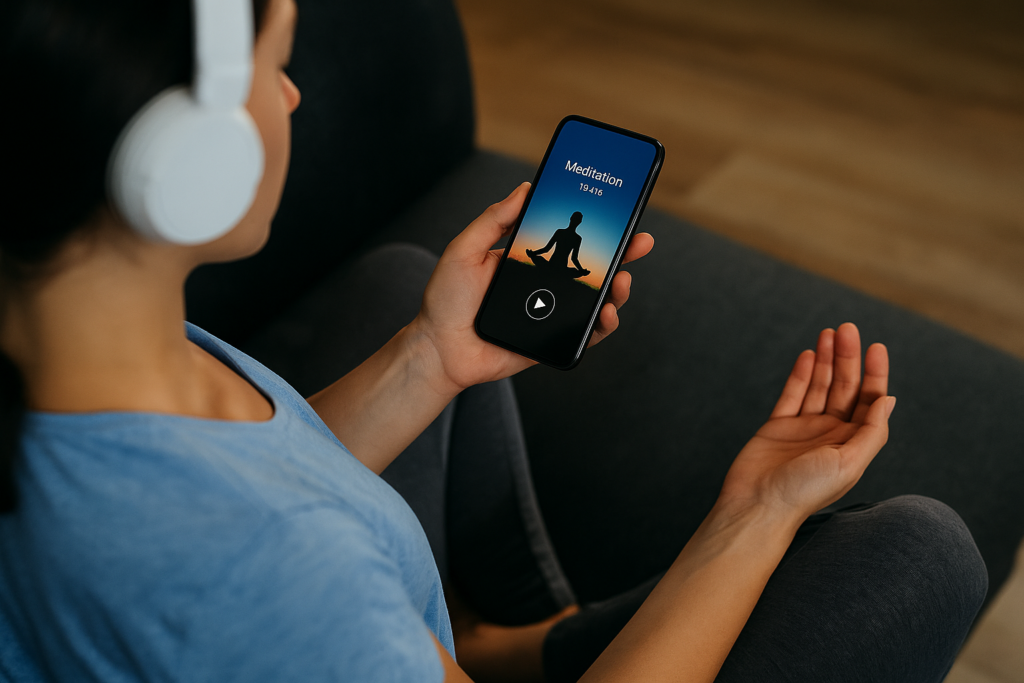 Eine Frau meditiert mit einer meditations app