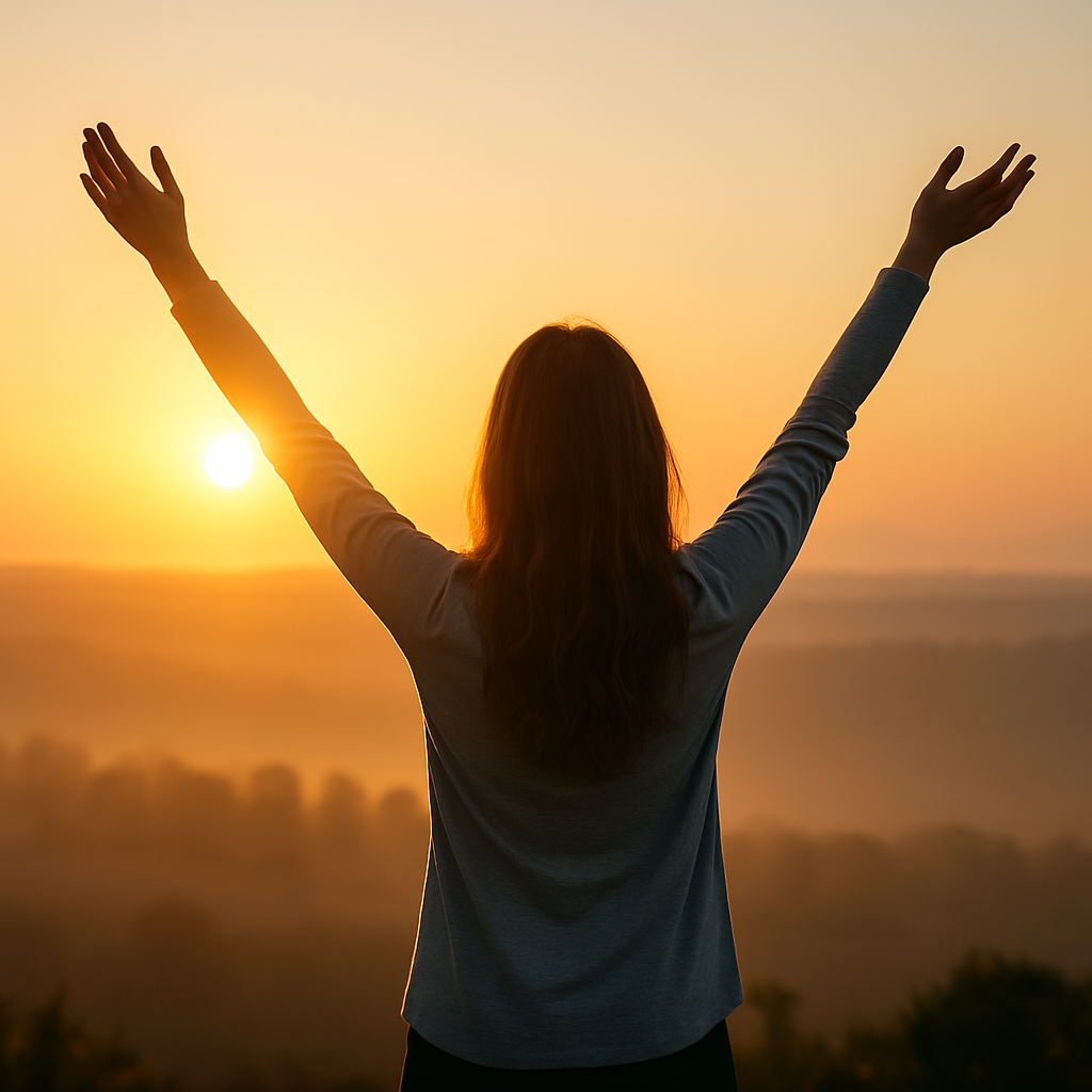 Eine Frau die die Hände in die Luft streckt im Hintergrund geht die Sonne auf endlich kann sie ihre Sorgen loslassen