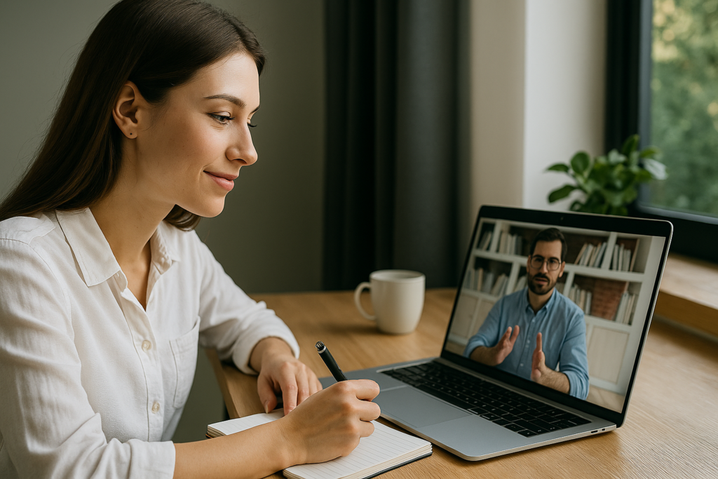 Frau sitzt vor dem Laptop und nimmt an einem onlinekurs teil