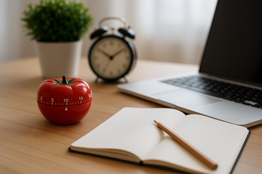 Pomodoro Uhr steht neben einem Notiizblock und einem Laptop für schnelleres lernen