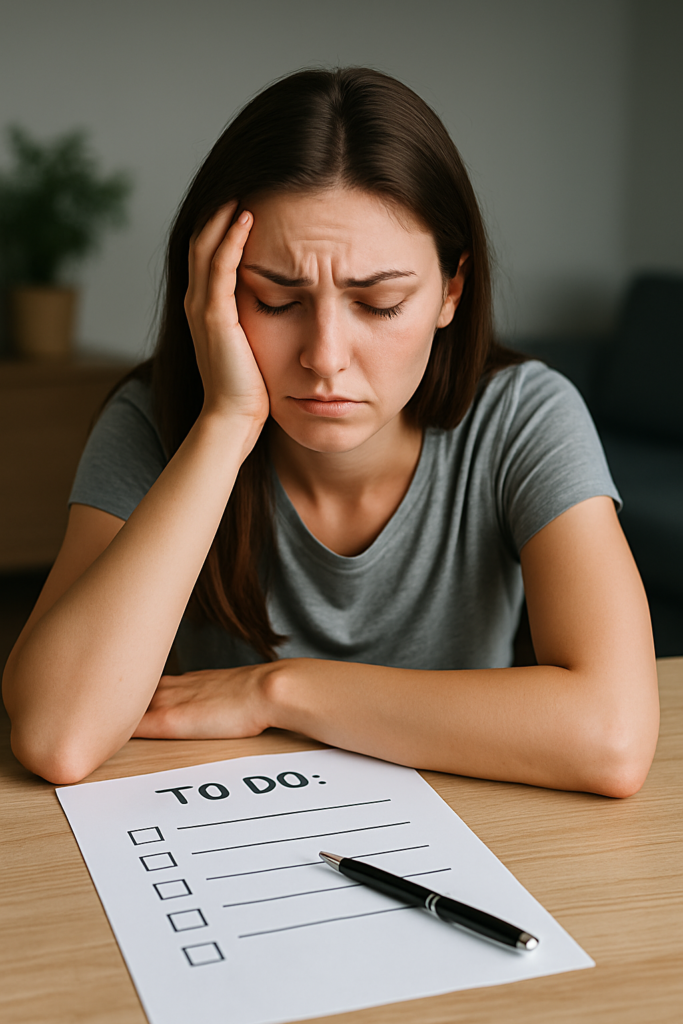 Junge Frau die vor einer to do Liste sitzt mit der Hand an der Schläfe und keine Motivation finden kann.