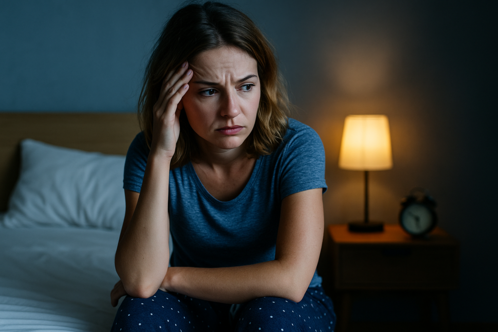 Frau sitzt am Bettrand weil sie Schlafprobleme hat