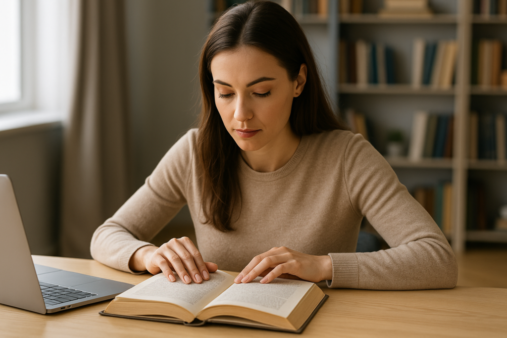 Eine Junge Frau liest konzentriert ein Buch