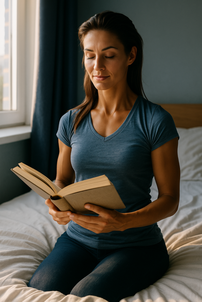 Eine Frau sitzt auf dem bett und liest ein buch und sieht voller selbstrespekt aus ihr körper ist schön und durchtrainiert